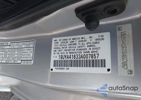 2003 Acura Cl 3.2 Type S Manual from USA, damaged, VIN 19UYA41633A007857